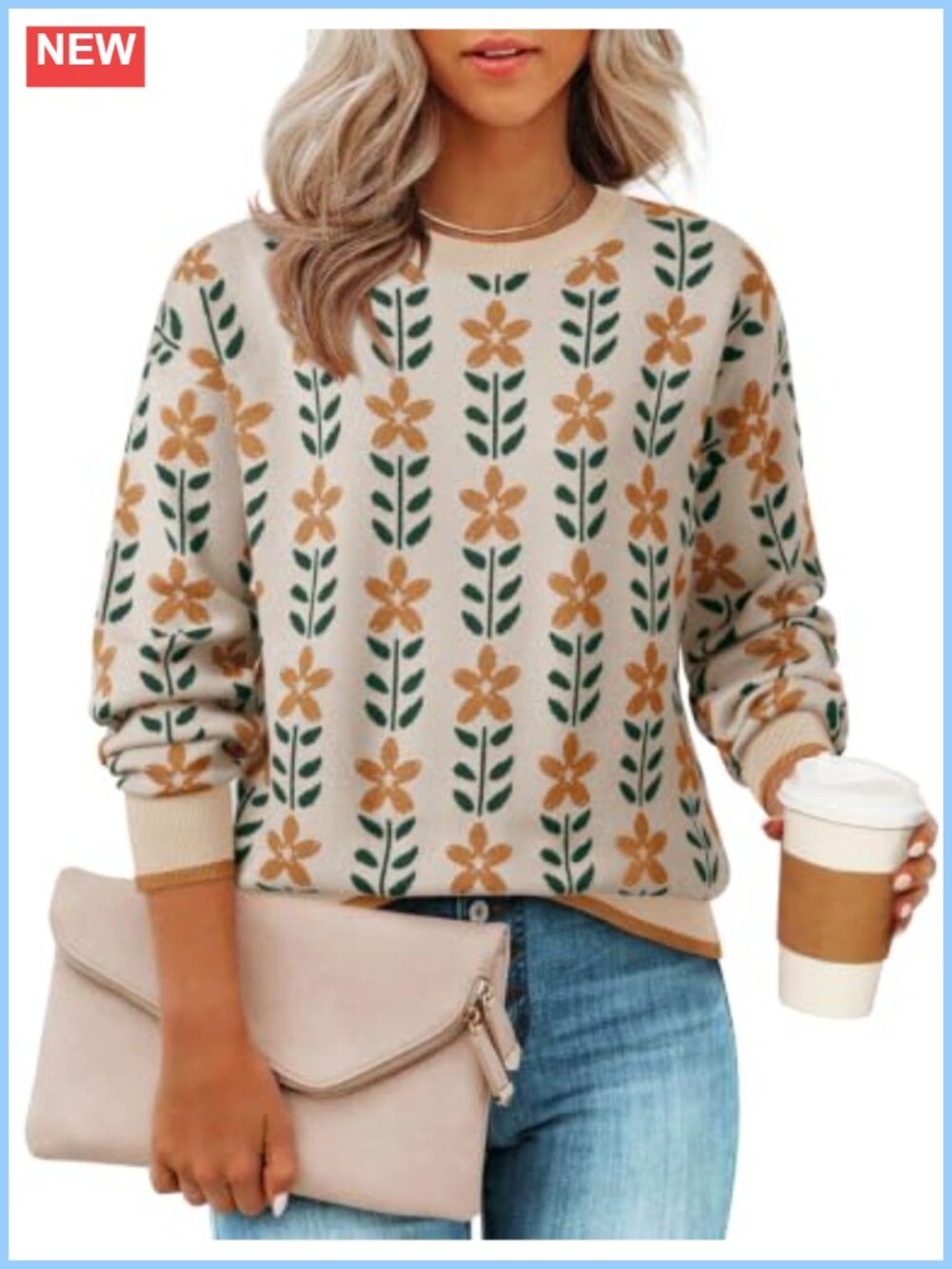 Womens Long Sleeve Crewneck Floral Print Knit Pullover Sweater Loose Fit